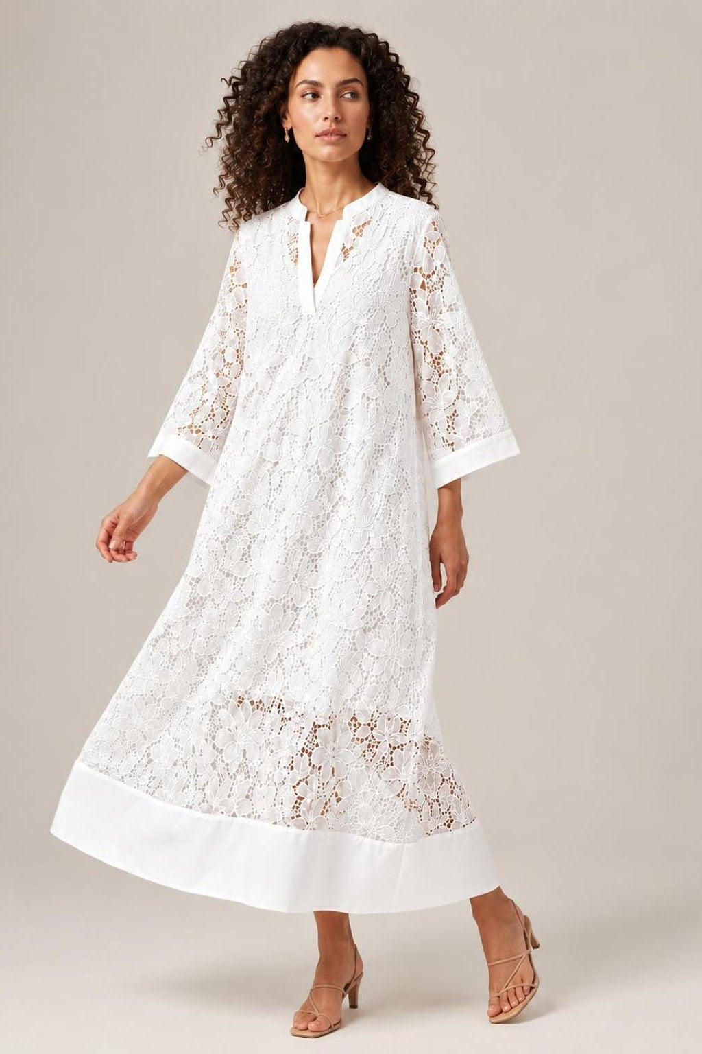 White Lace Midi Dress With Sheer Hem Panel - 2