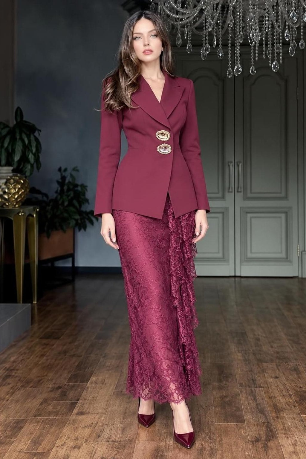Blazer Skirt Set With Notched Collar - 2