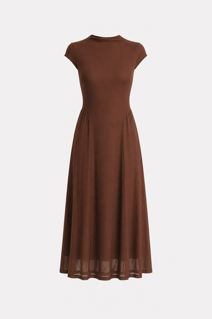 Mock Neck Mesh Midi Dress With Ruched Waist