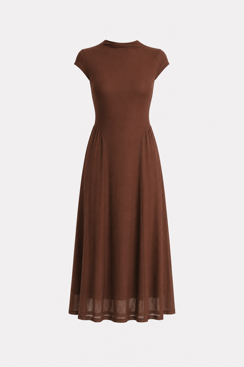 Mock Neck Mesh Midi Dress With Ruched Waist