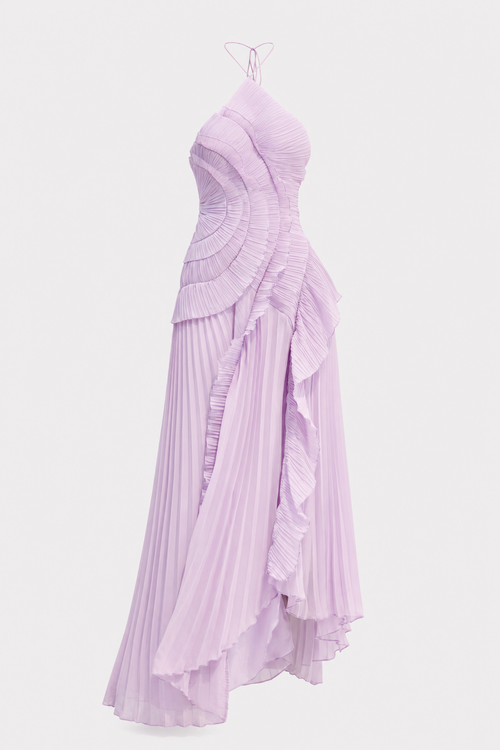 Pleated Halterneck Chiffon Midi Dress