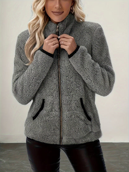 Plush Fleece Zip-Up Jacket With Contrast Trim - view 6