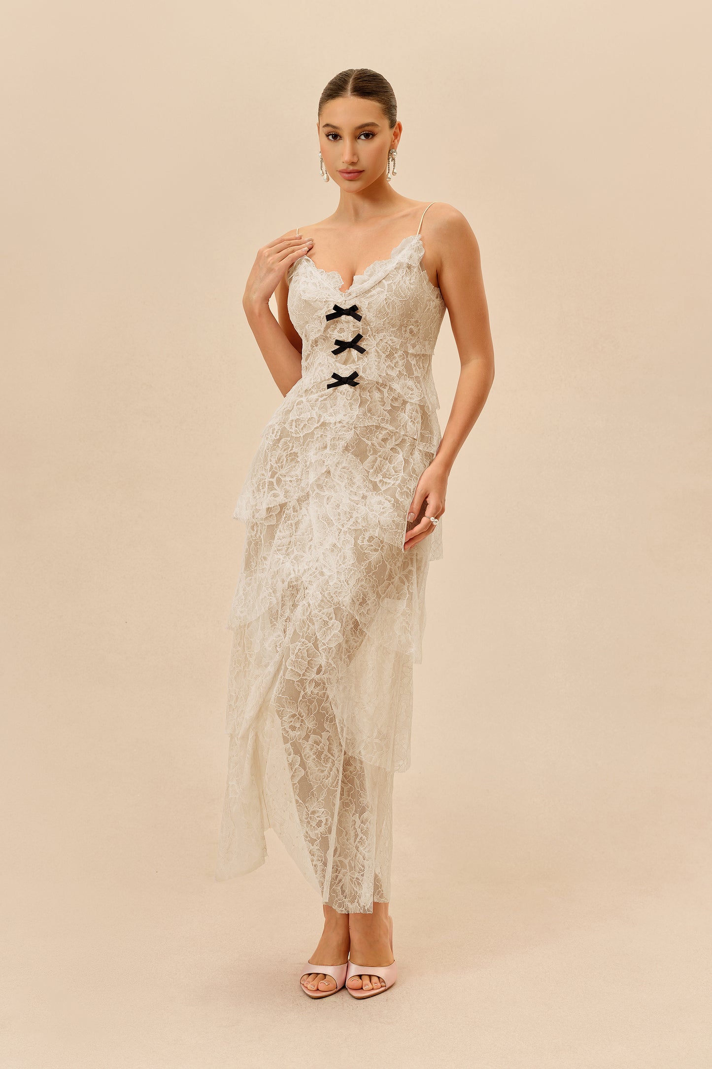 Apricot lace layered-hem maxi dress - view 2