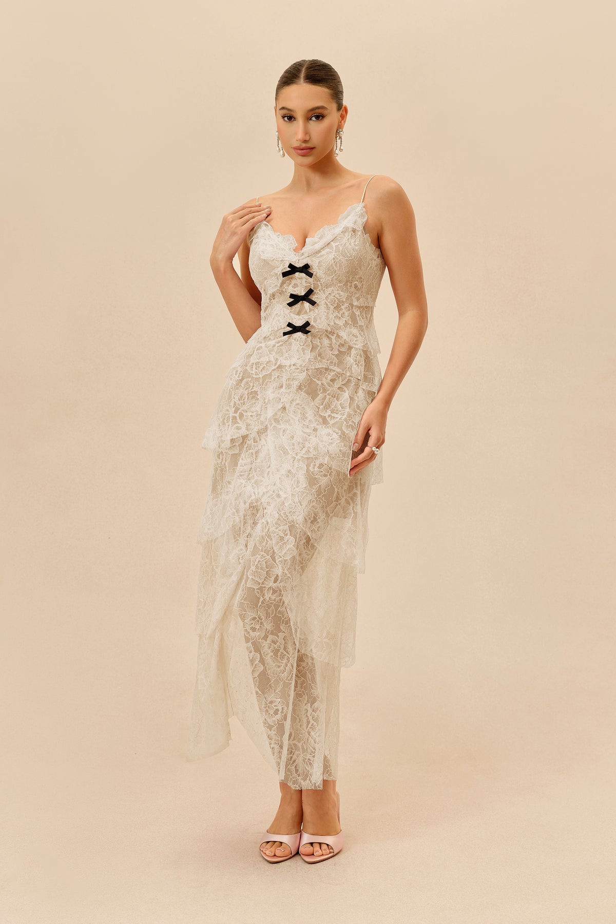 Apricot lace layered-hem maxi dress - view 2
