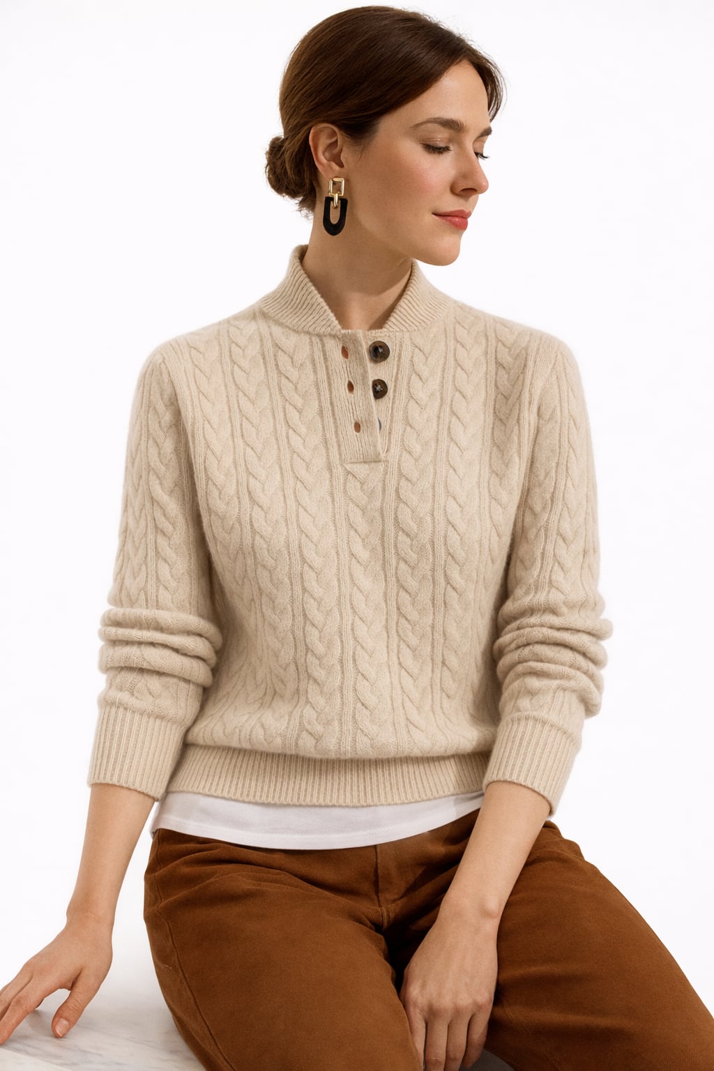 Wool Blend Sweater With Cable Knit Turtleneck - 4
