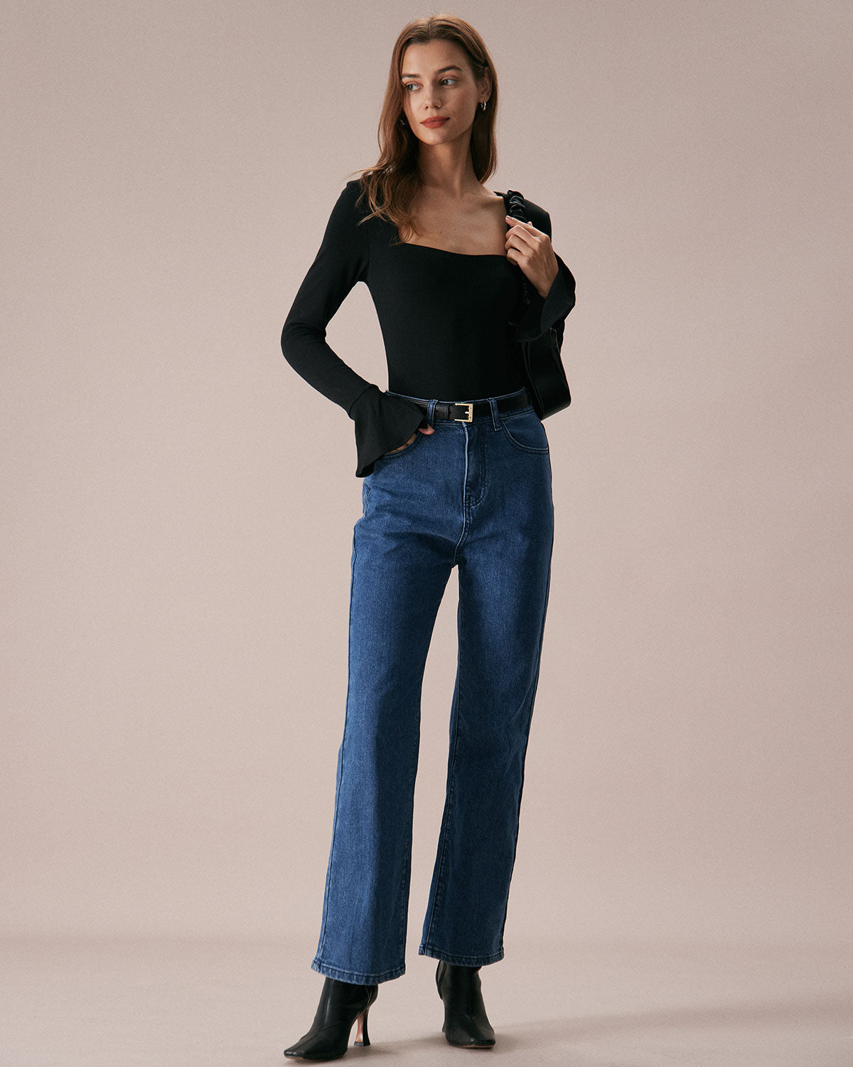 Black square neck flare sleeve tee with side slit - view 5