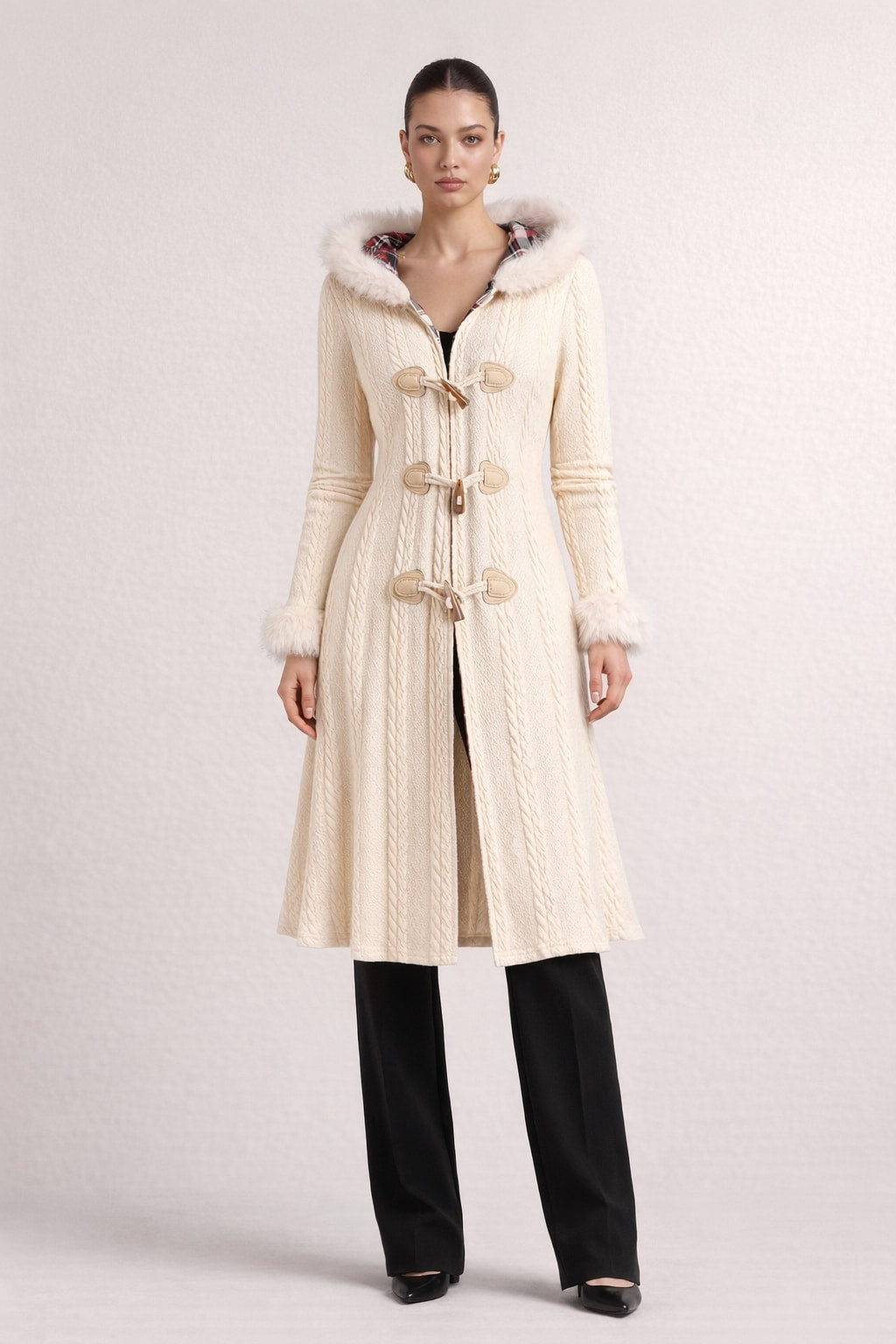 Knit Hooded Overcoat With Checkered Patchwork - 3