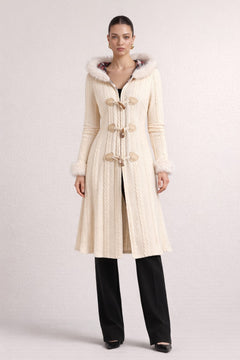 Knit Hooded Overcoat With Checkered Patchwork - 3