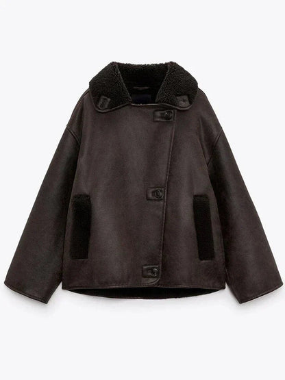 Brown Oversized Collarless Leather Jacket - view 8