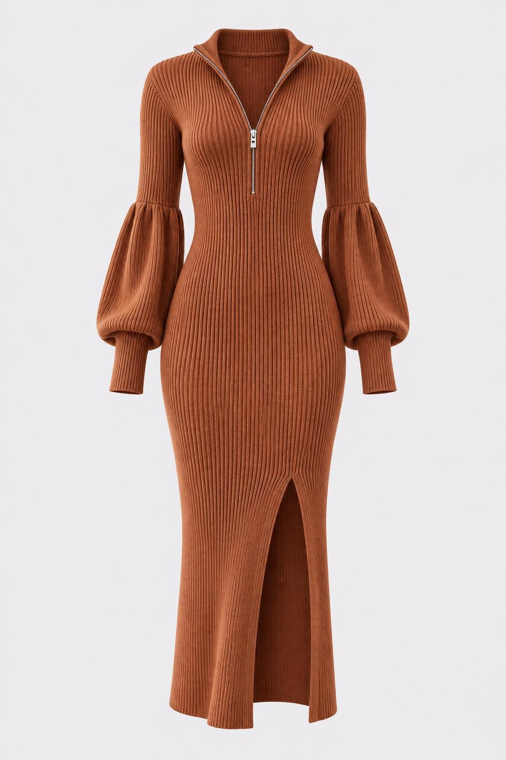 Ribbed Knit Midi Dress With Lantern Sleeves - 1