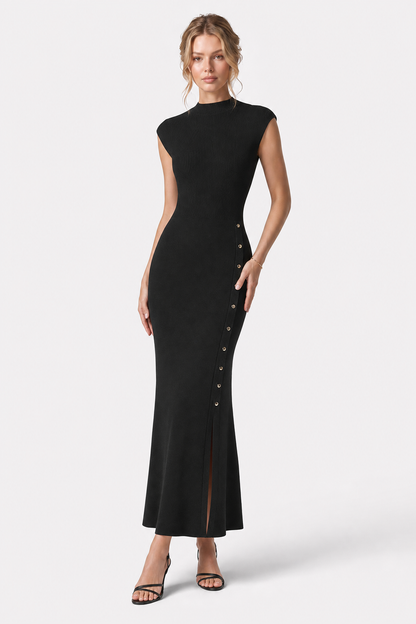 Rib knit maxi dress with cap sleeves and buttons - view 2