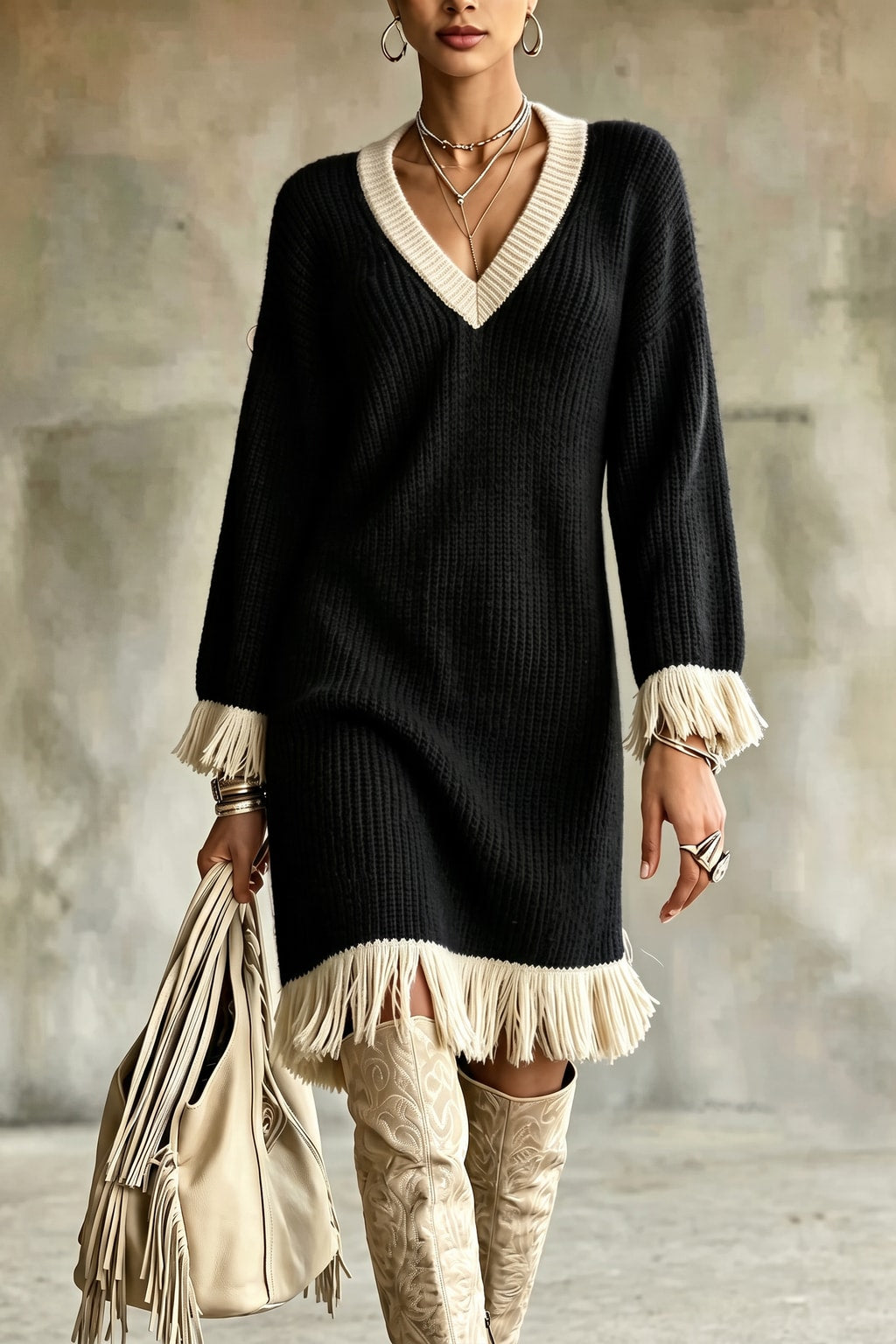 Polyester Knit Dress With Tassel Hem - 4