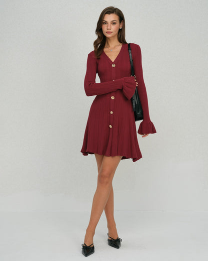 Wine red A-line bell sleeve knit mini dress - view 2