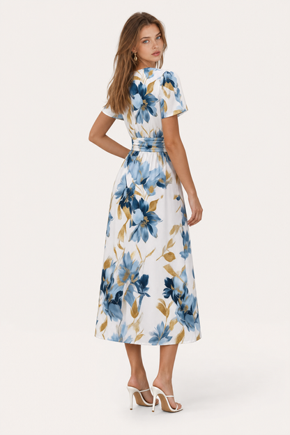 Multicolor Floral Wrap Midi Dress, Ruched Waist - view 3