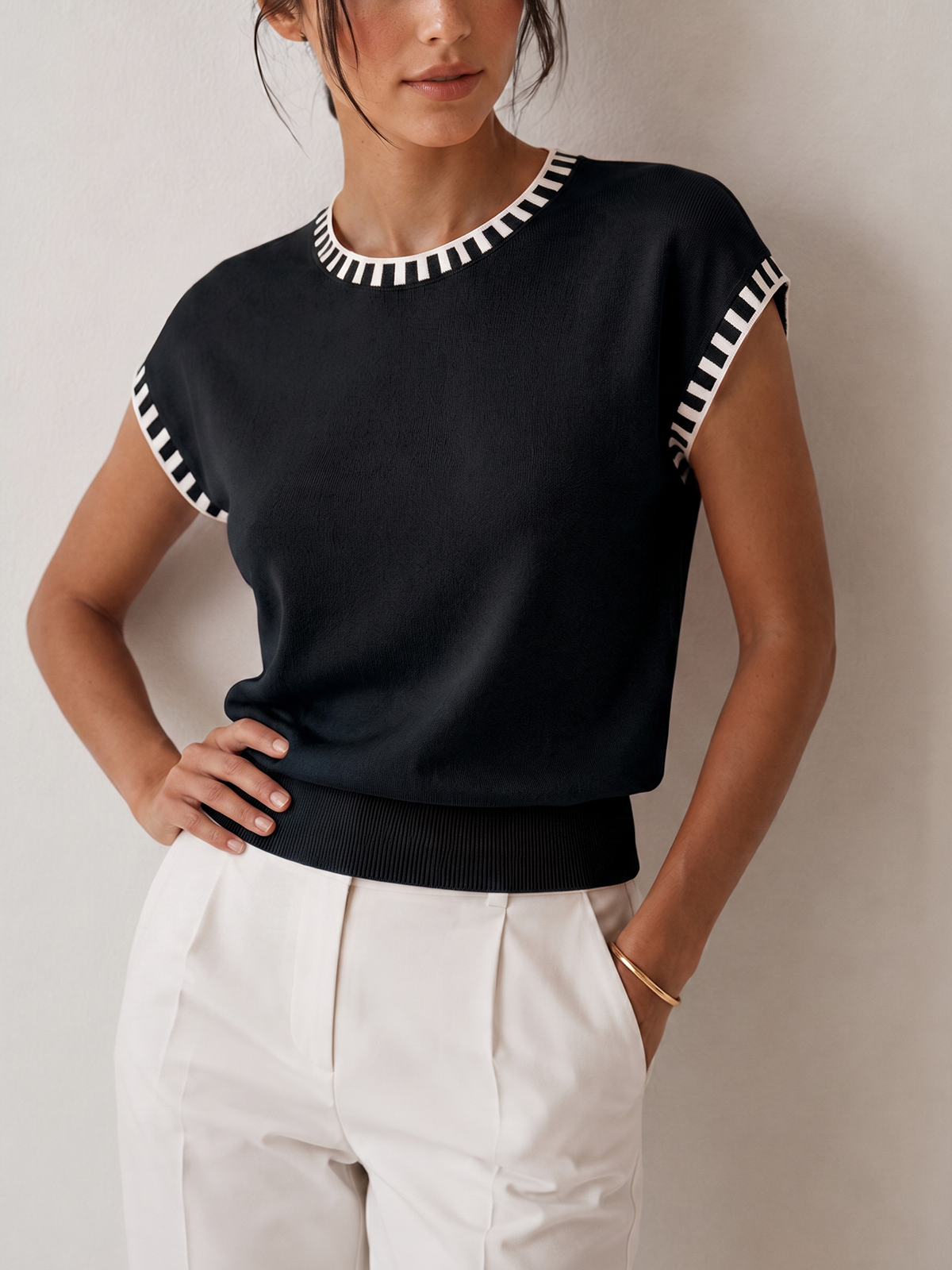 Knit Cap Sleeve Top With Contrast Trim - 6