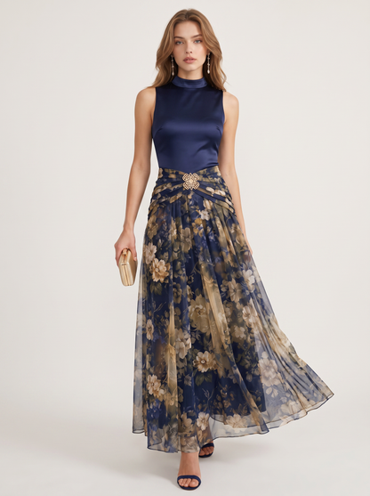 Navy Satin Maxi Dress With Tulle Hem - view 6