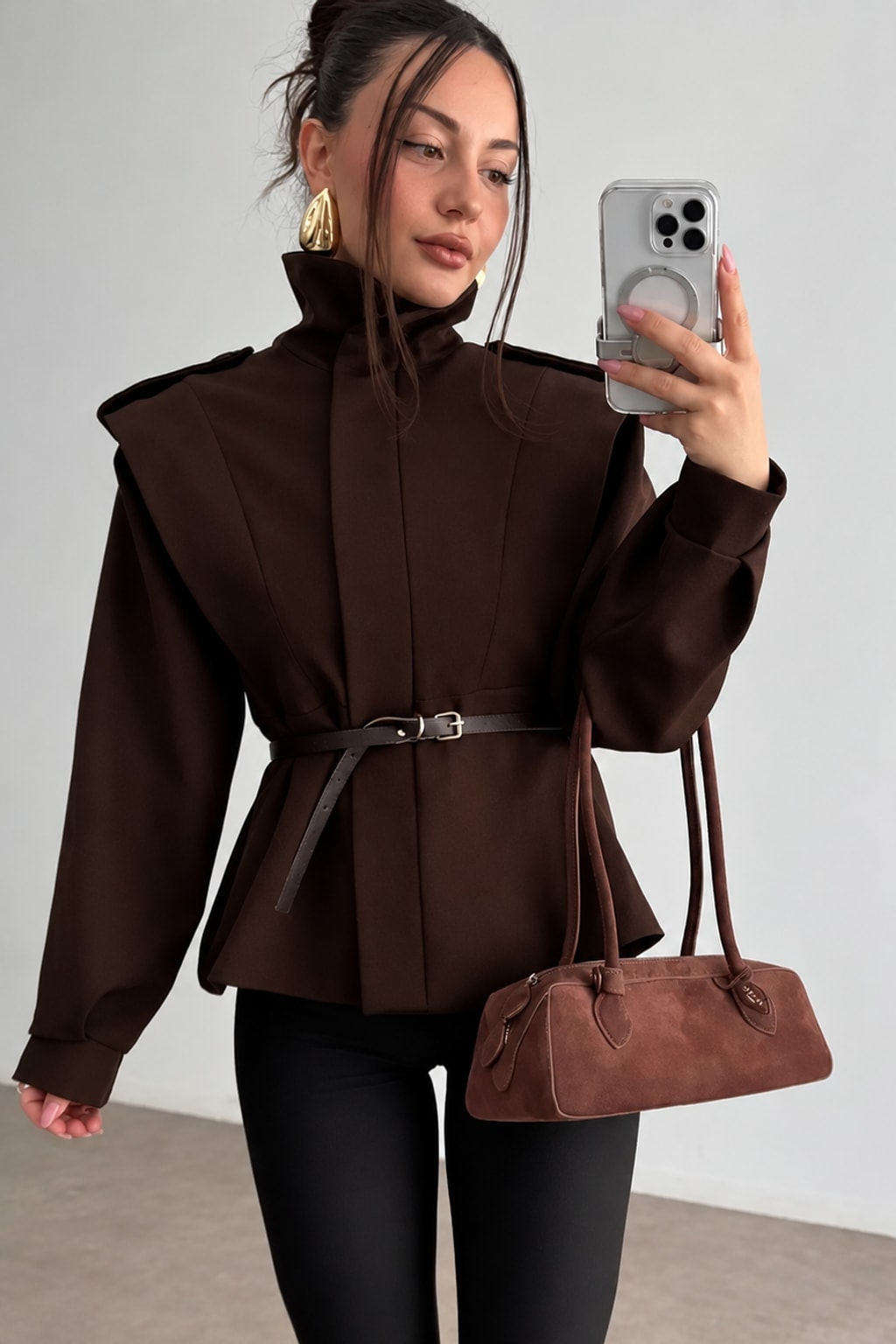 Polyester Trench Coat Cropped With Waist Cinch - 8