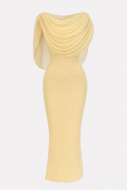 Yellow cowl neck maxi dress with pleated waist
