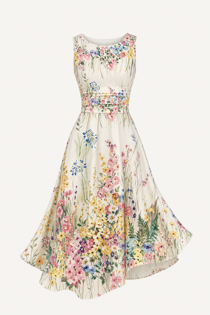 Watercolor Floral Sleeveless Midi Dress