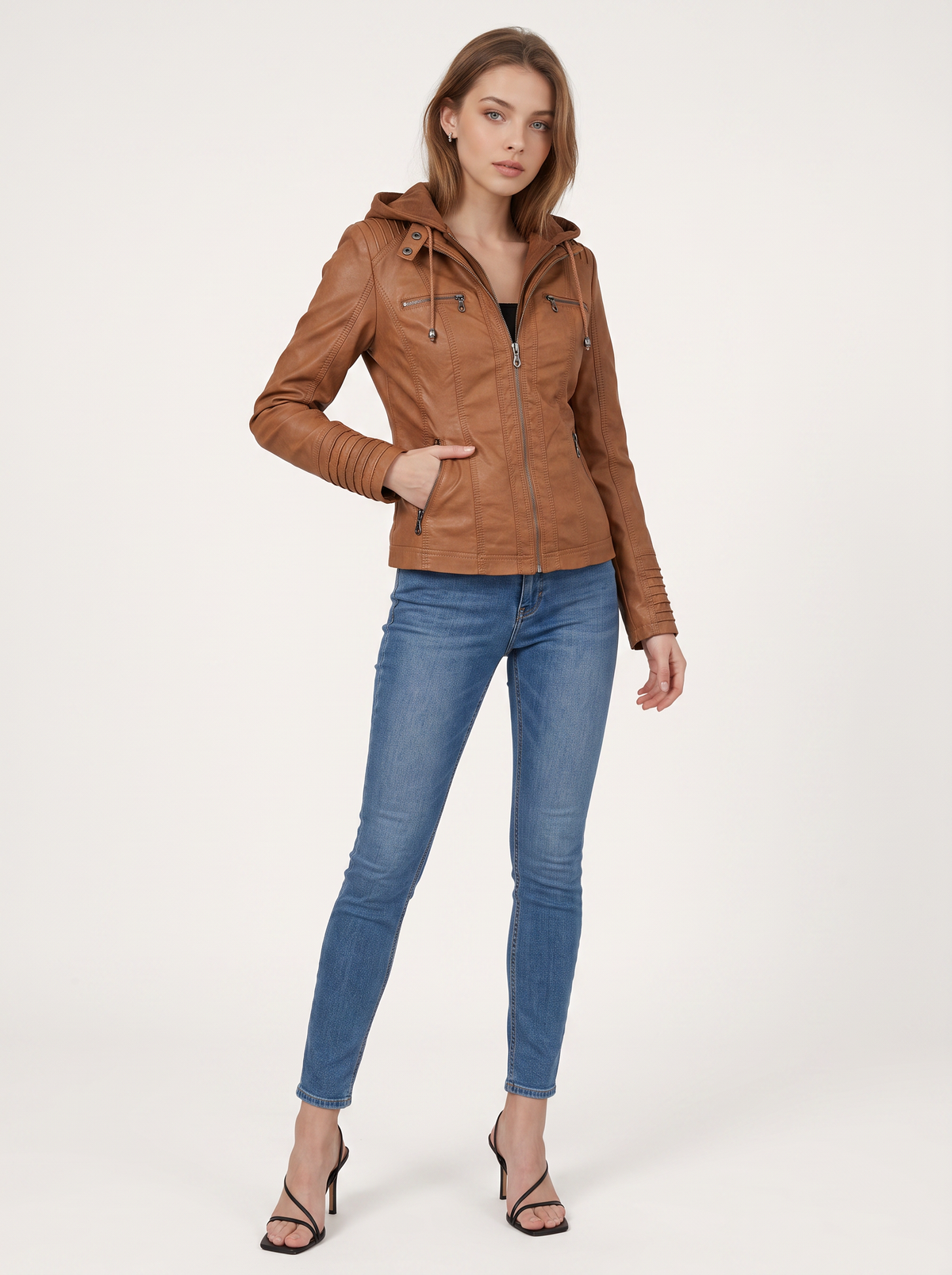 Faux Leather Hooded Moto Jacket, Zip Cuffs - view 4