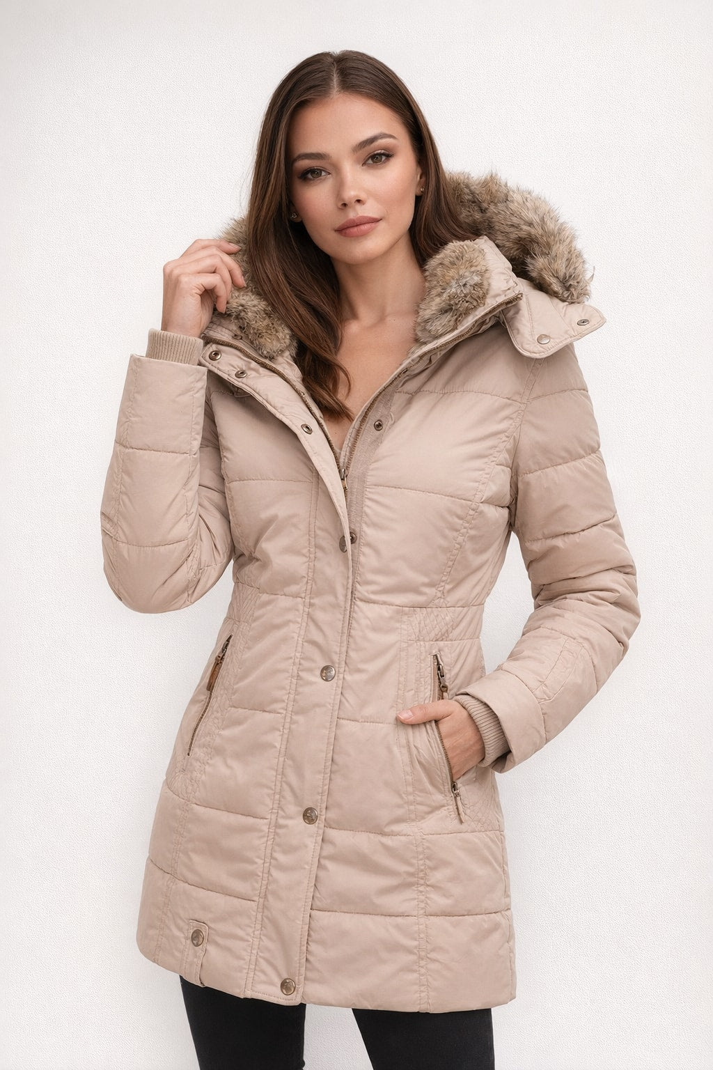 Quilted Women's Parka Coat With Faux Fur Hood - 8