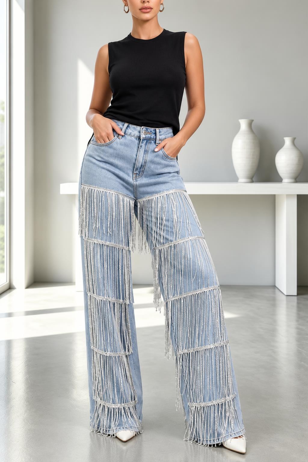 Denim High Rise Wide Leg Jeans With Tassel Detail - 2