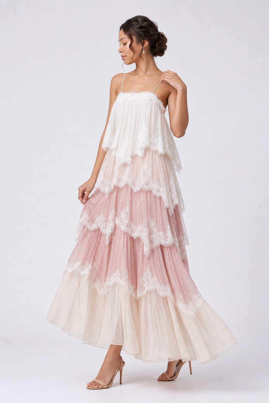 Chiffon Tiered Maxi Dress With Lace Trim - 2