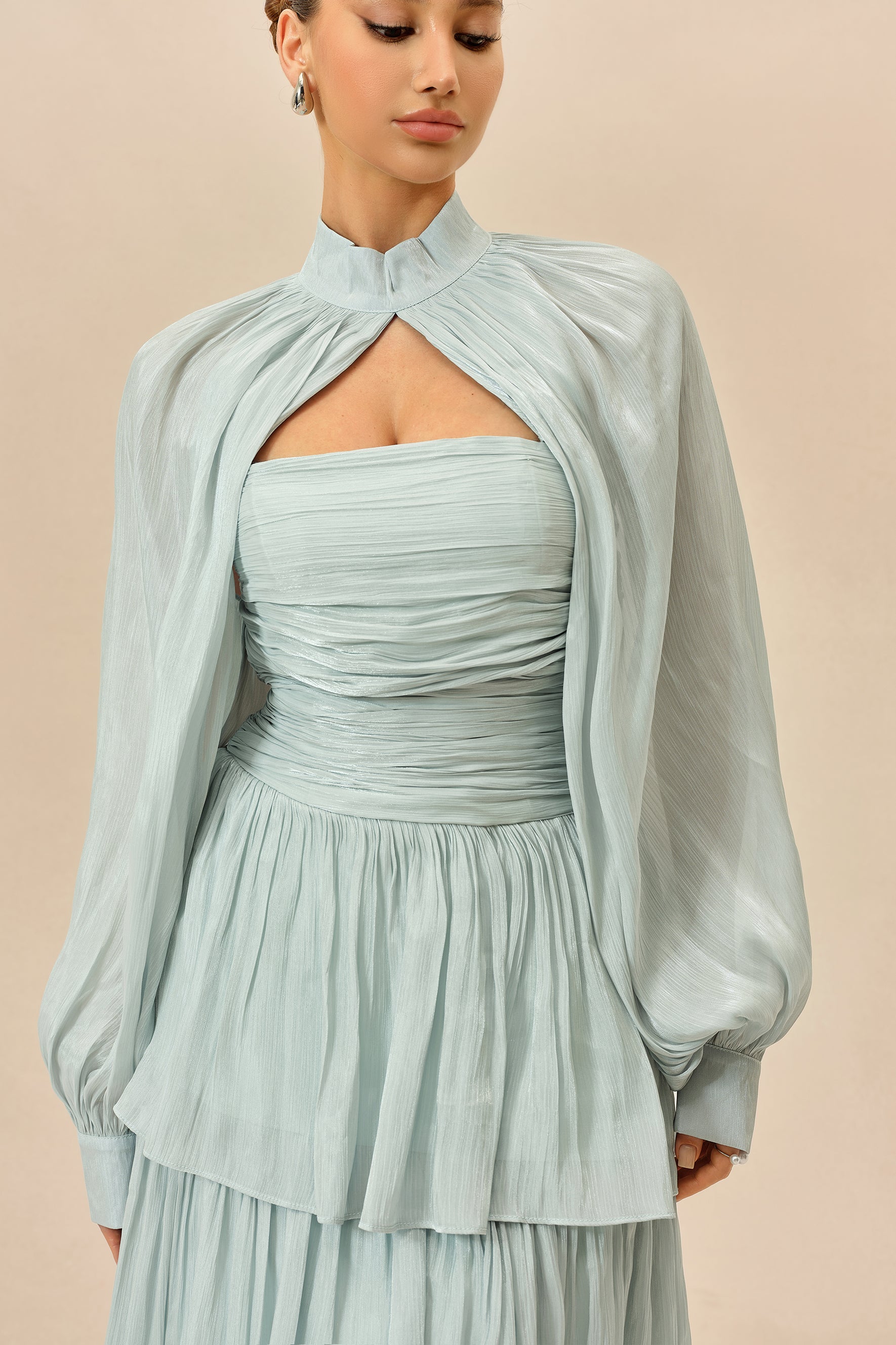 Light Blue Tiered Chiffon Maxi Dress, Detachable Sleeves - view 3