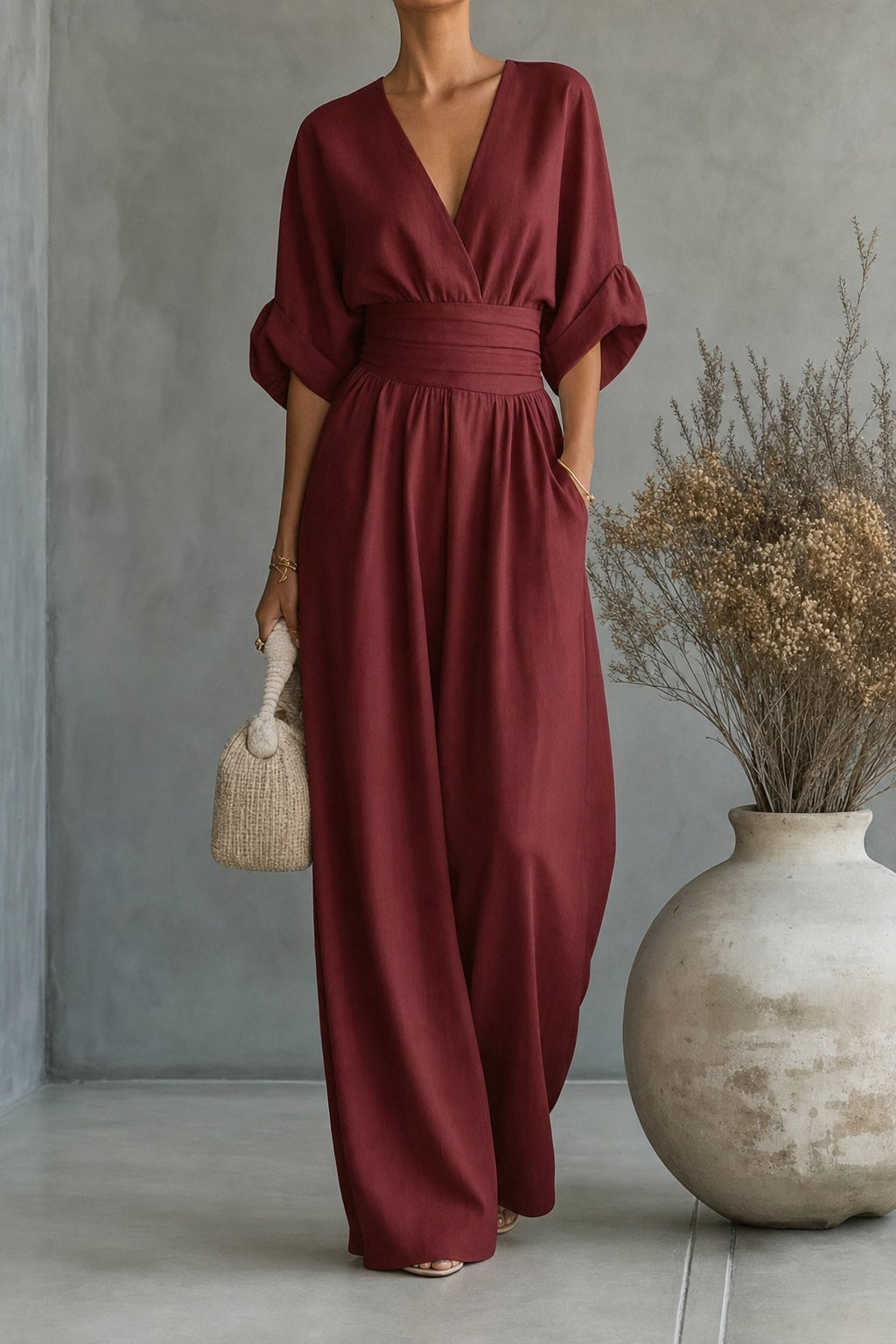 Women's Wide-Leg V-Neck Jumpsuit - 8