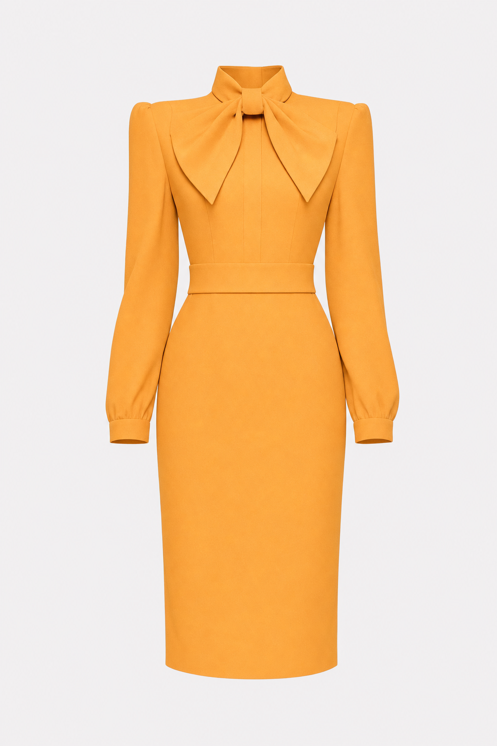 Satin pencil work dress with high-neck bow - view 10