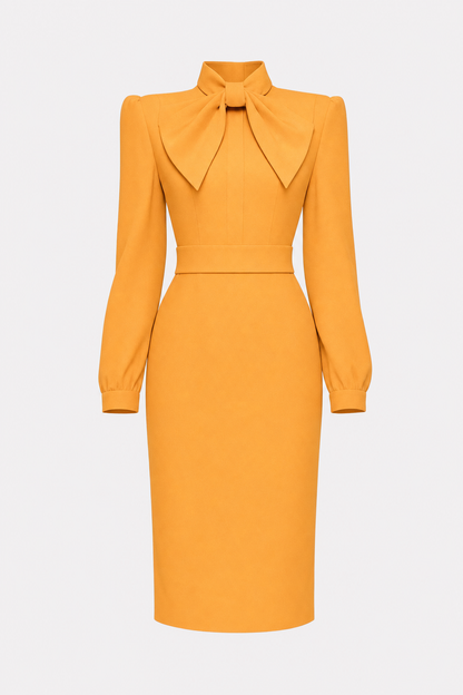 Satin pencil work dress with high-neck bow - view 10