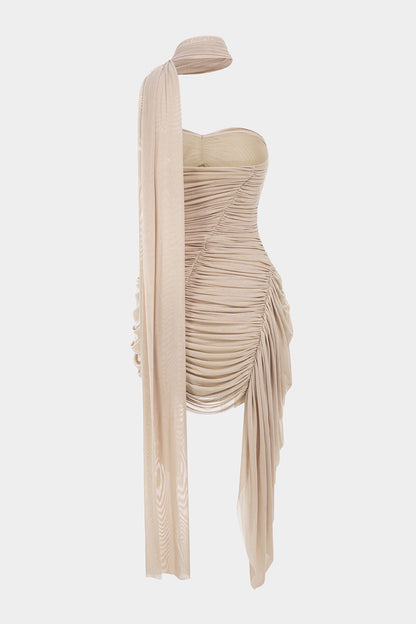 Khaki Mesh Patchwork Backless Mini Dress - view 5