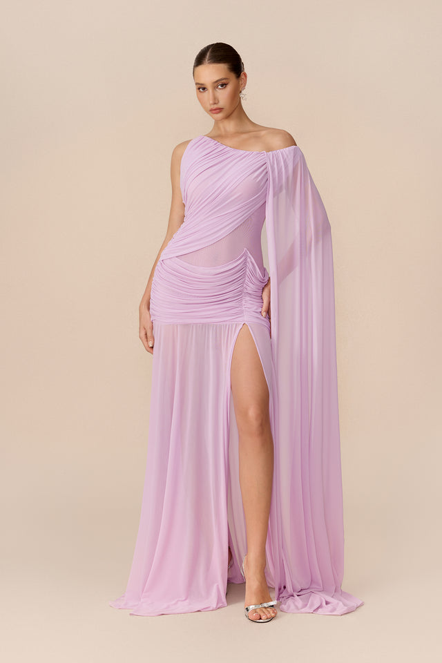Mesh Maxi Dress With Asymmetric Cape Sleeve - 5