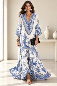 Polyester Maxi Dress With Wide Sleeves And V-Neck - 2
