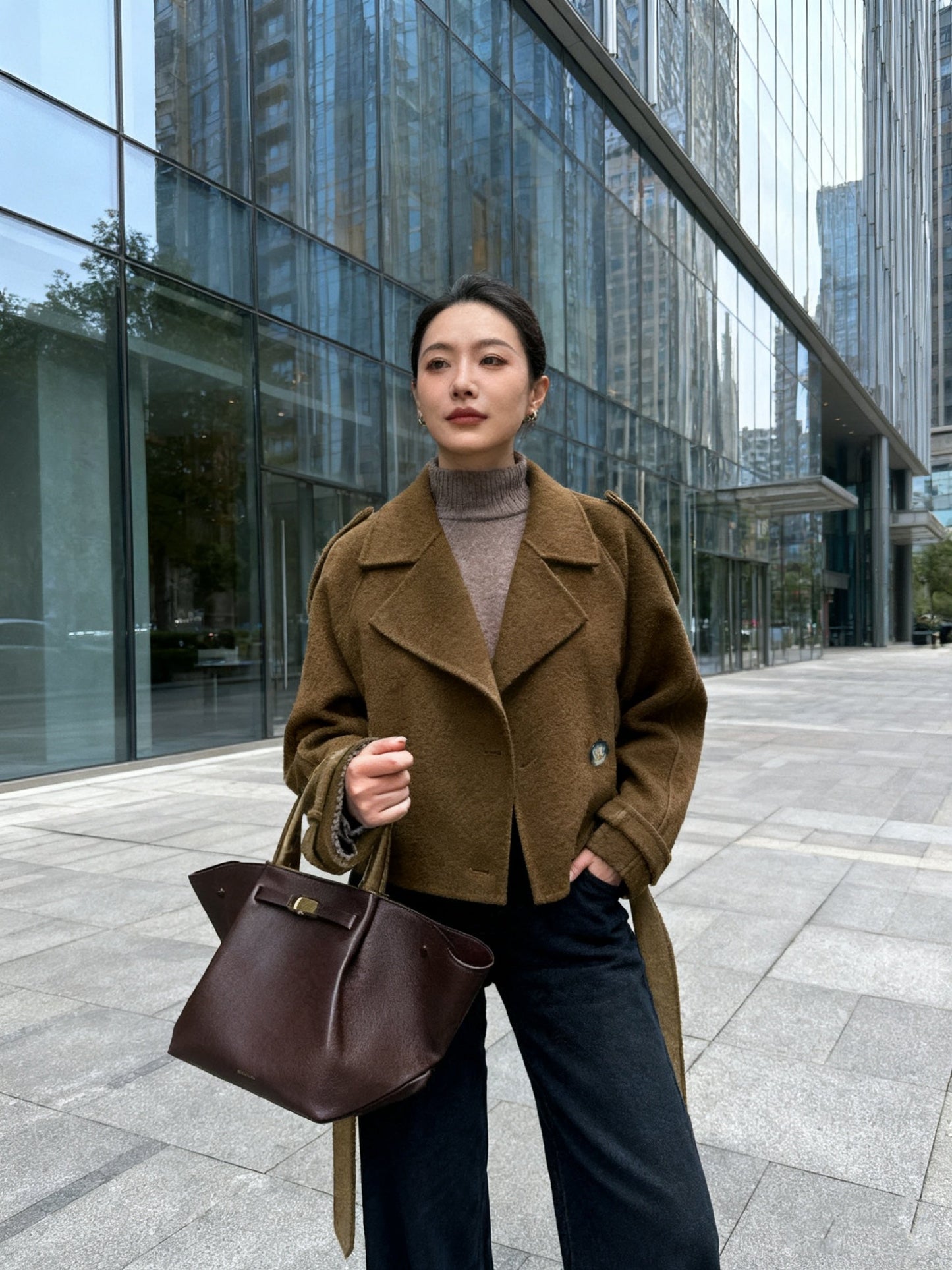 Coffee brown wool blend belted pea coat - view 5