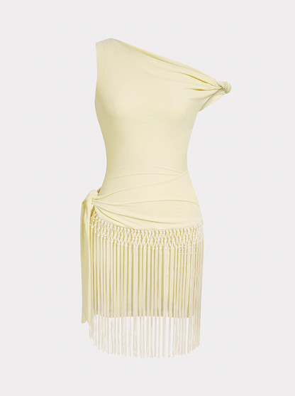 Fringe Twist-Knot Mini Dress in Cream Yellow