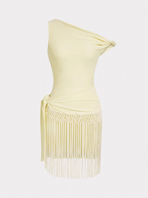 Fringe Twist-Knot Mini Dress in Cream Yellow