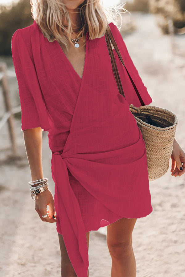 Cotton Linen Knotted Wrap Mini Dress - view 6