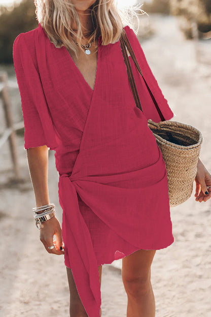 Cotton Linen Knotted Wrap Mini Dress - view 6