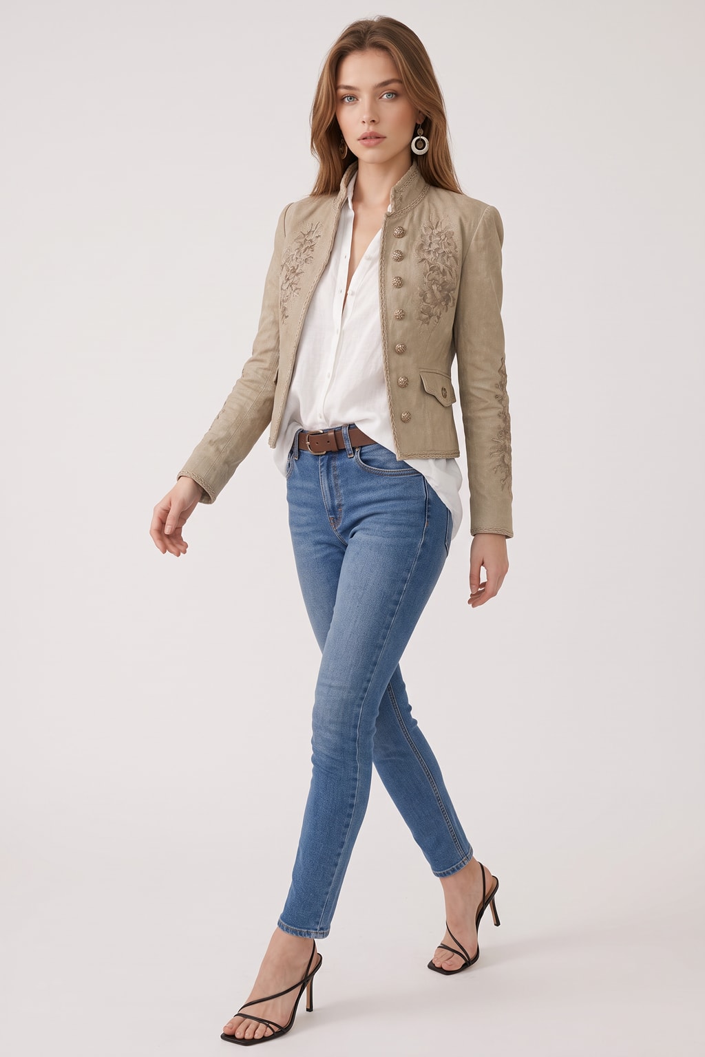 Retro Beige Long Sleeve Blazer with Floral Embroidery - 4
