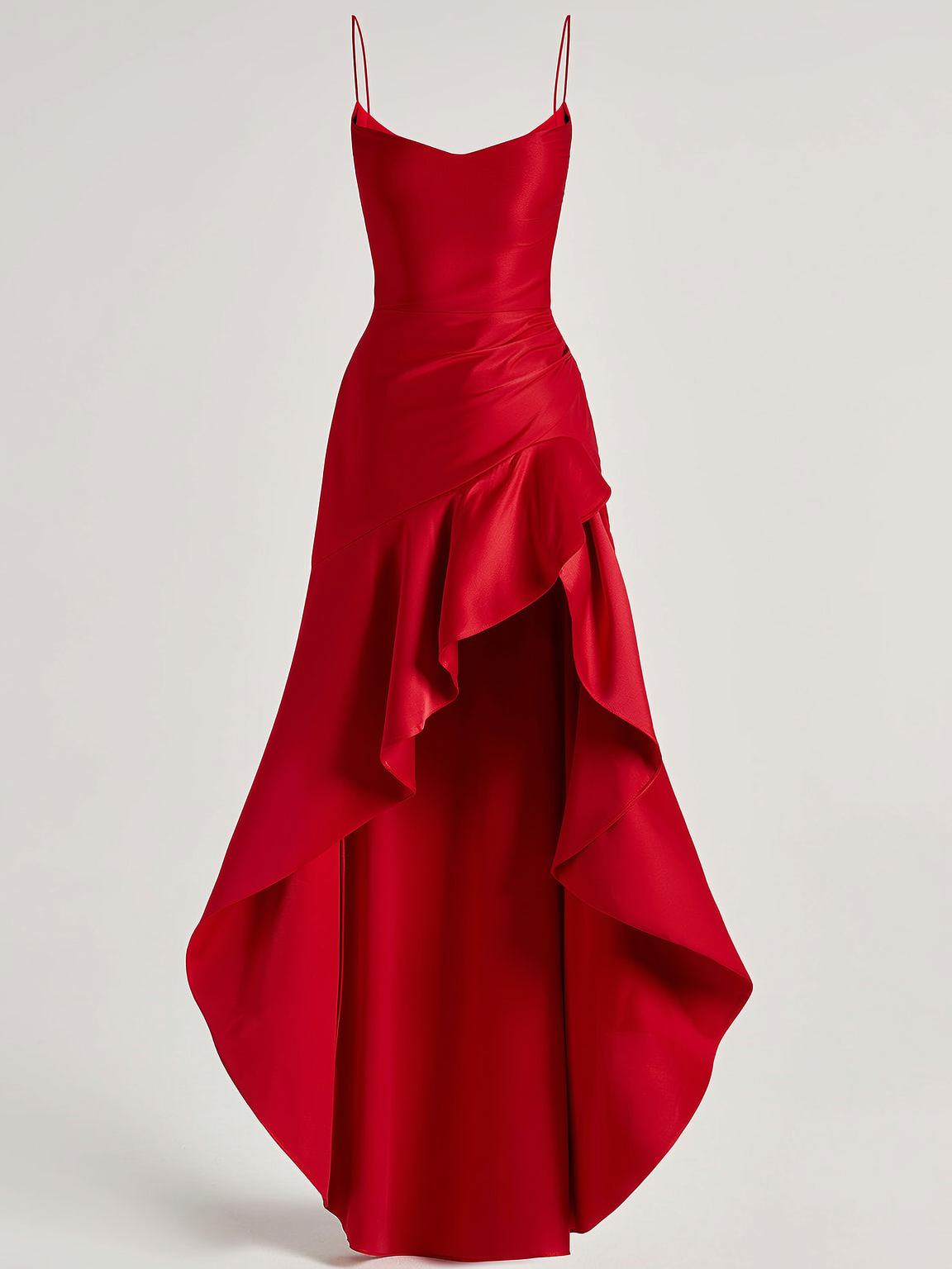 Satin lace-up maxi dress with high-low ruffle hem