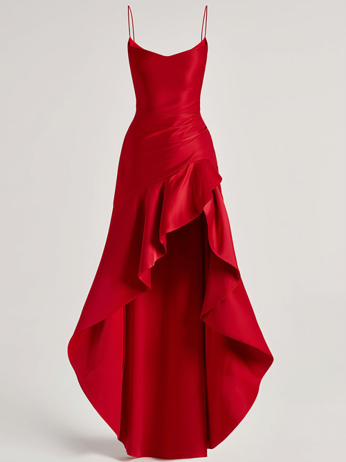 Satin lace-up maxi dress with high-low ruffle hem