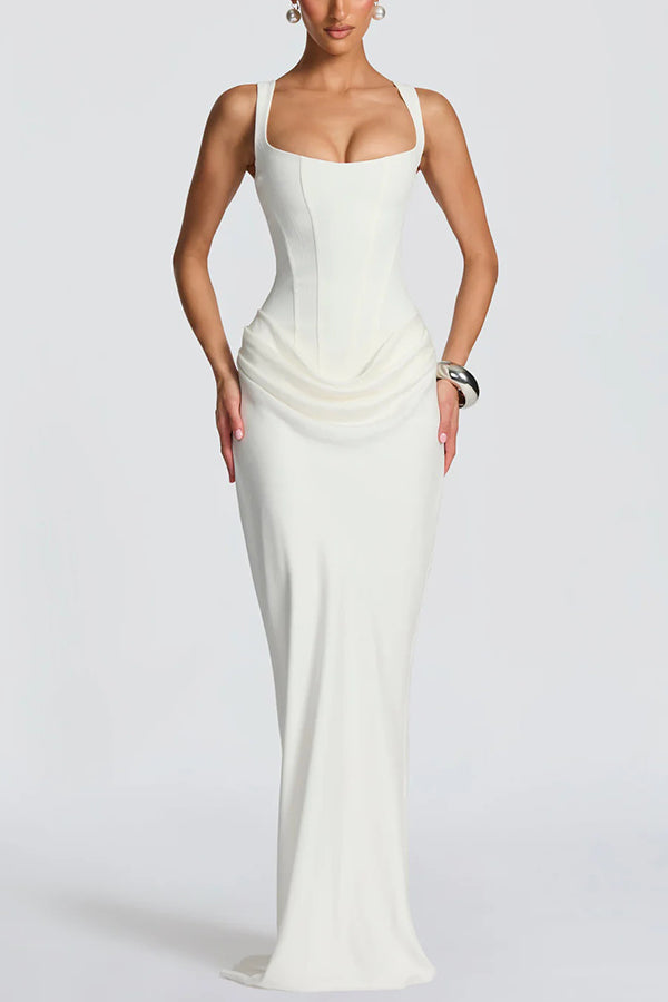 Satin maxi dress with square neck and lace-up back - view 2