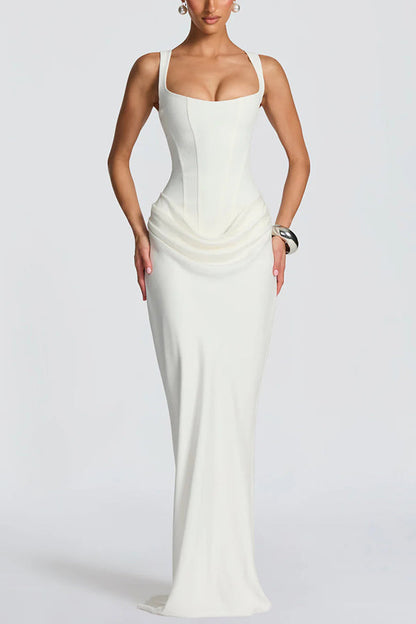 Satin maxi dress with square neck and lace-up back - view 2