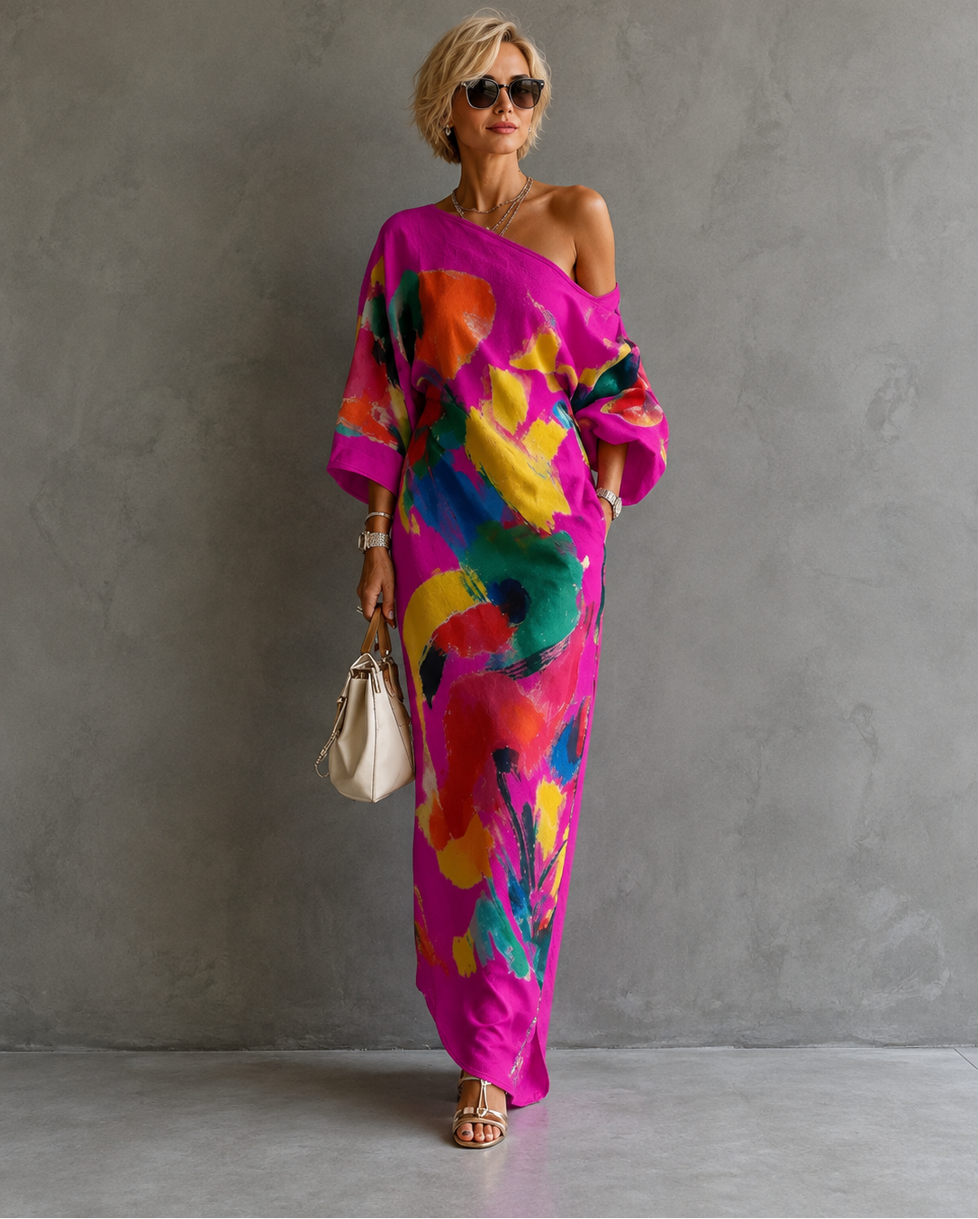 Textured abstract print one-shoulder maxi dress - view 5