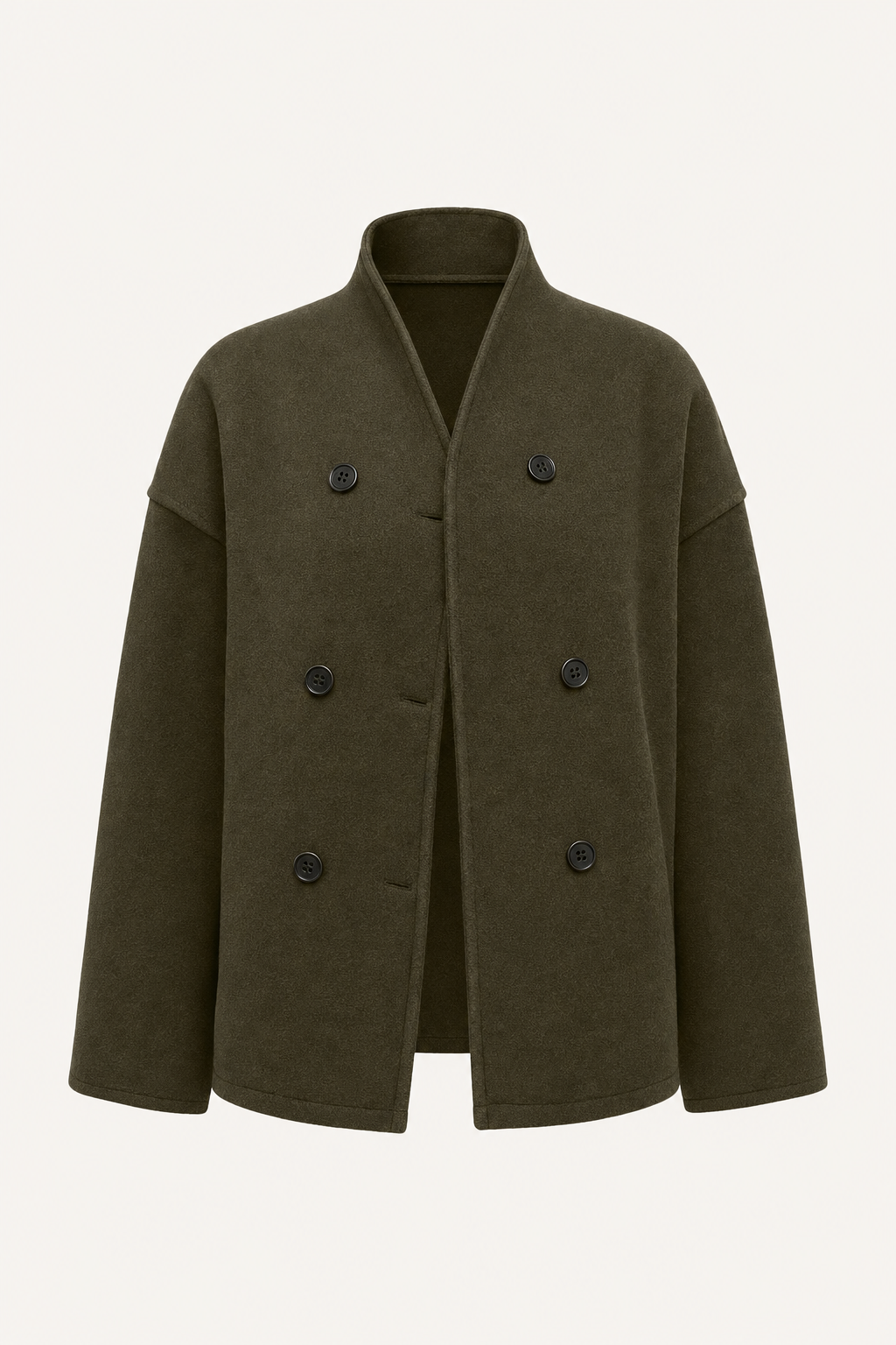 Dark Green Fleece Pea Coat with Stand Collar