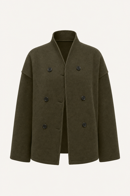 Dark Green Fleece Pea Coat with Stand Collar