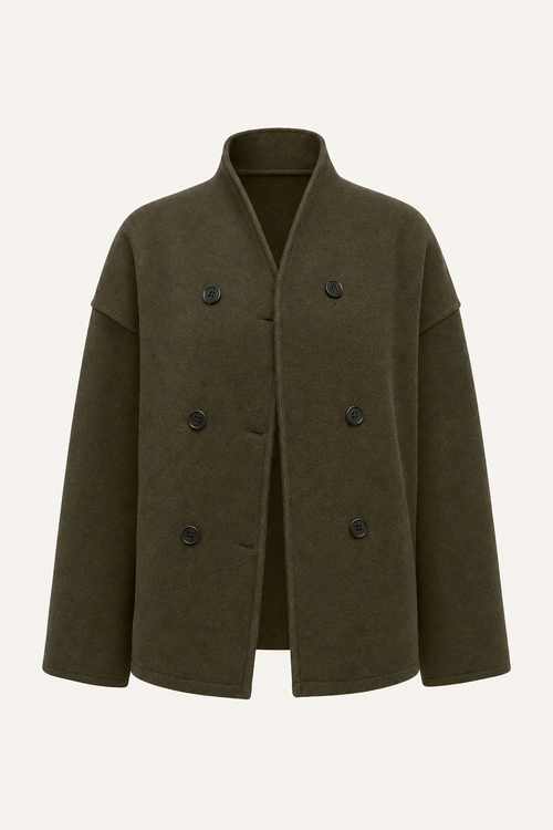 Dark Green Fleece Pea Coat with Stand Collar