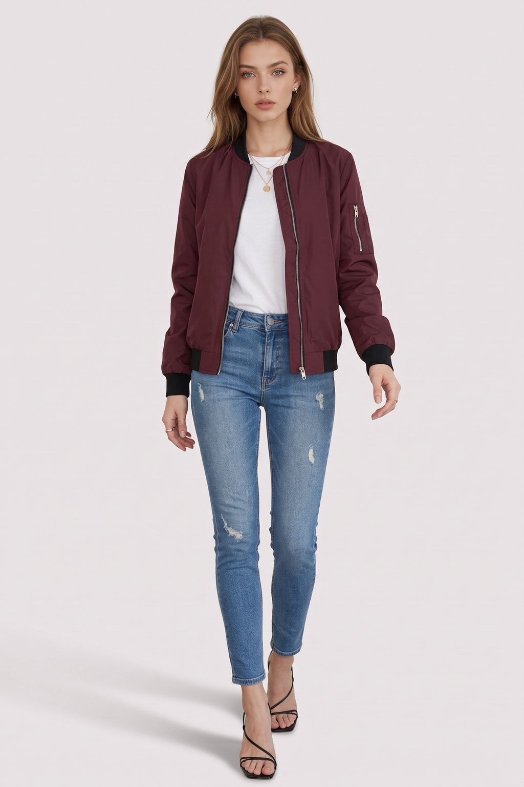 Woven Bomber Jacket Casual Zip Front - 3