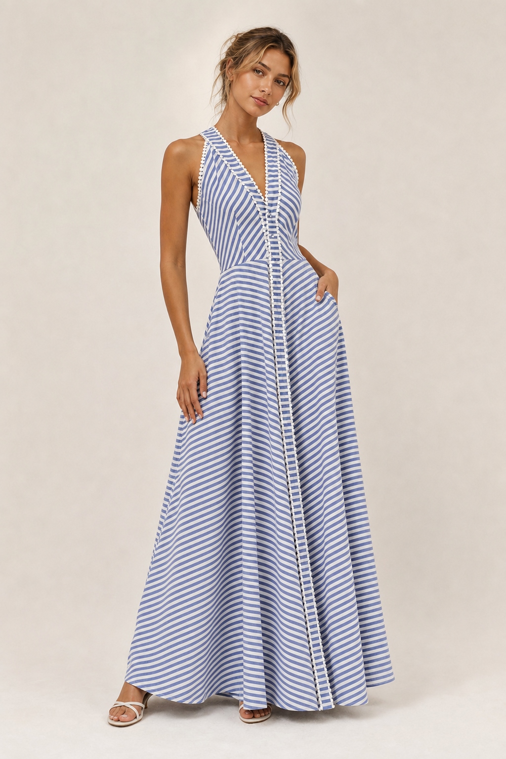 Striped V-Neck Slim Fit Midi Dress - view 4